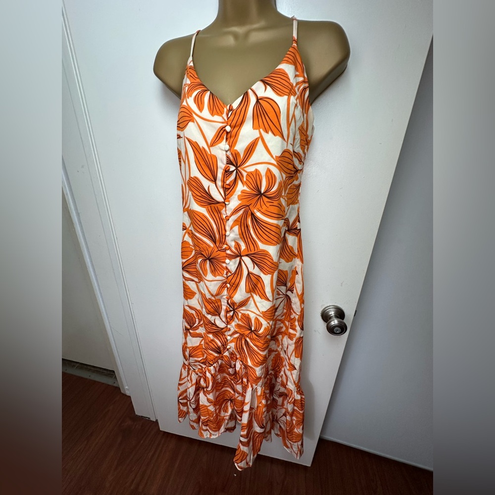 Lush‎ Orange Floral Button Front Asymmetrical Ruffle Hem CottageCore Dress NWT S